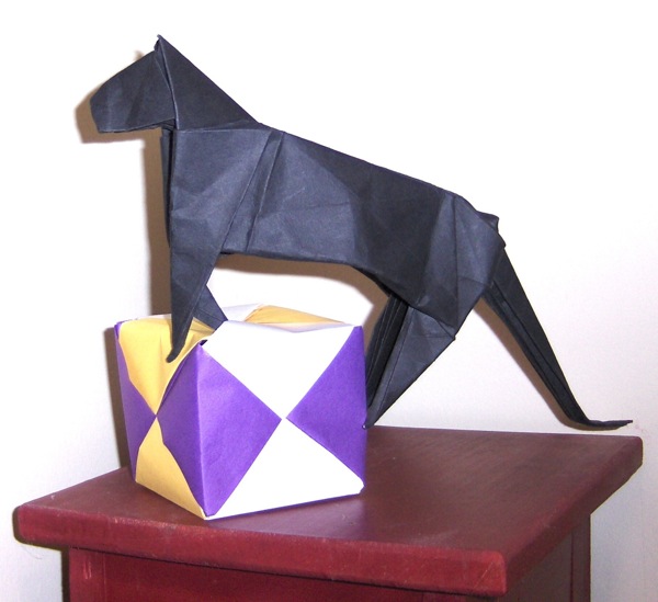Origami black panther and cube folded by Christine Petrell Kallevig