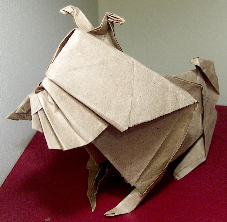 Origami bulldog sculpture folded by Christine Petrell Kallevig