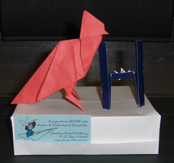 Origami cardinal sculpture folded by Christine Petrell Kallevig