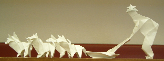 Origami sled dog sculpture folded by Christine Petrell Kallevig